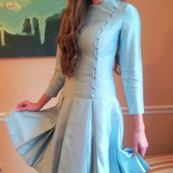 Mignon Paris New York Light Blue Silk Dress, SZ 2 - Picture 5 of 8